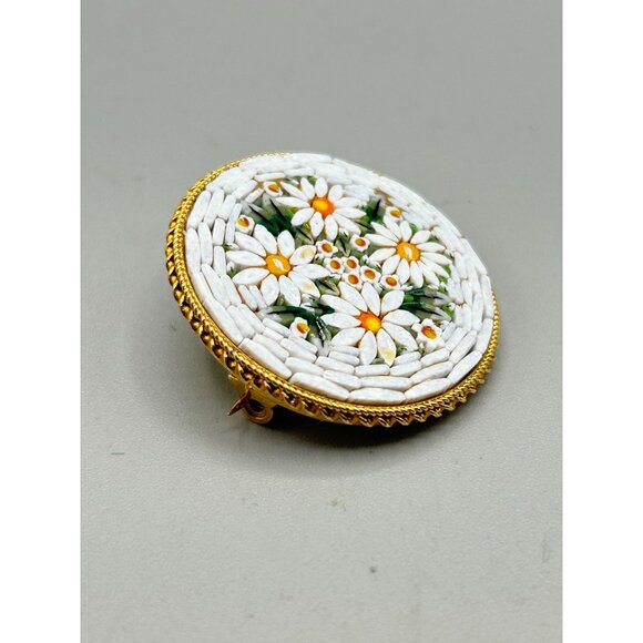 Vintage Italian Mosaic Brooch Pin Round Floral Design Gold Tone Button Pin - Picture 3 of 6